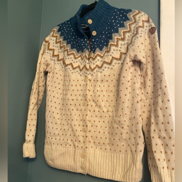 Fjallraven Sweaters - Fjall Raven women’s medium 100% wool cardigan - cream and blue
